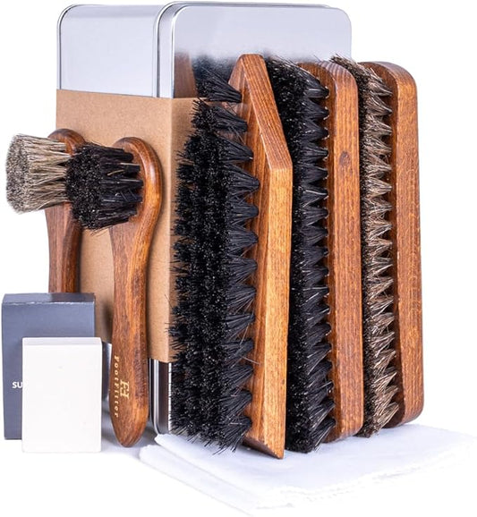 FootFitter Advanced Shoe Care Brush Set, Premium Horsehair Shine Brushes, Suede Eraser, Stiff Cleaning Brush & Shine Cloths for Polishing Leather & Suede Footwear (Made in Germany)