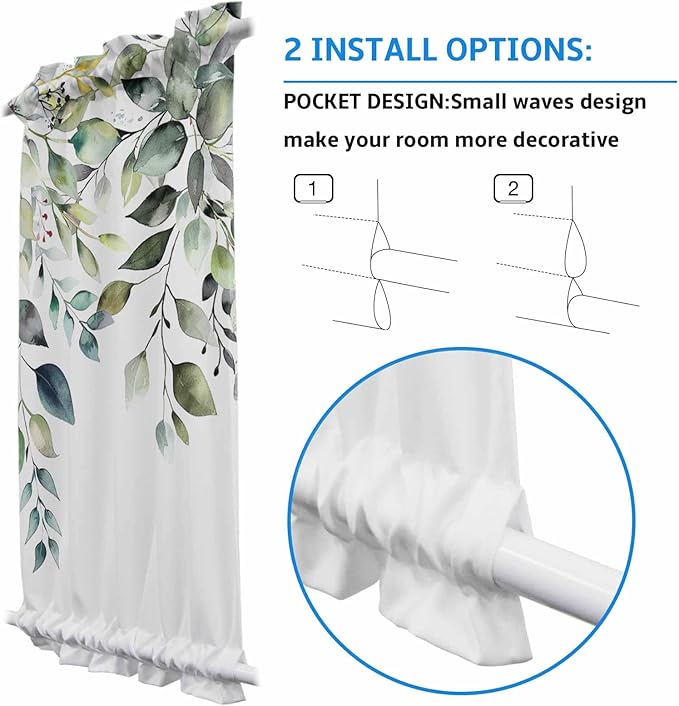 French Door Curtain Panel for Front Door, Botanical Plant Leaves Eucalyptus Leaves Sage Green Slidelight Door Curtains with Tieback Light Filtering Privacy Panels for Doorway Entryway 25"x 40"