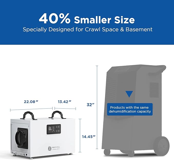 145 Pints Commercial Dehumidifier with Pump, Crawlspace Dehumidifiers with Drain Hose for Compact Tight Basements Large Spaces | MOISWELL Defender MP70