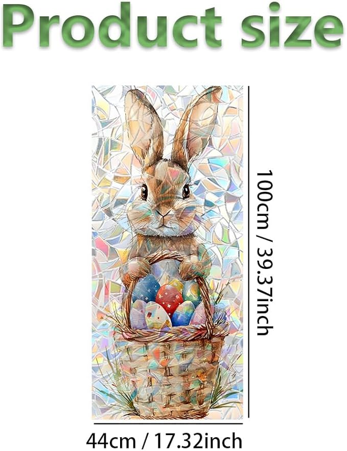 Window Film Mat 39.4 x 17.3 Inch PVC Bunny Easter Basket Window Film Crescent Texture Decorative Glass Covering with Sunlit Glossy Shine for Bathroom Kitchen Living Room Privacy Accent