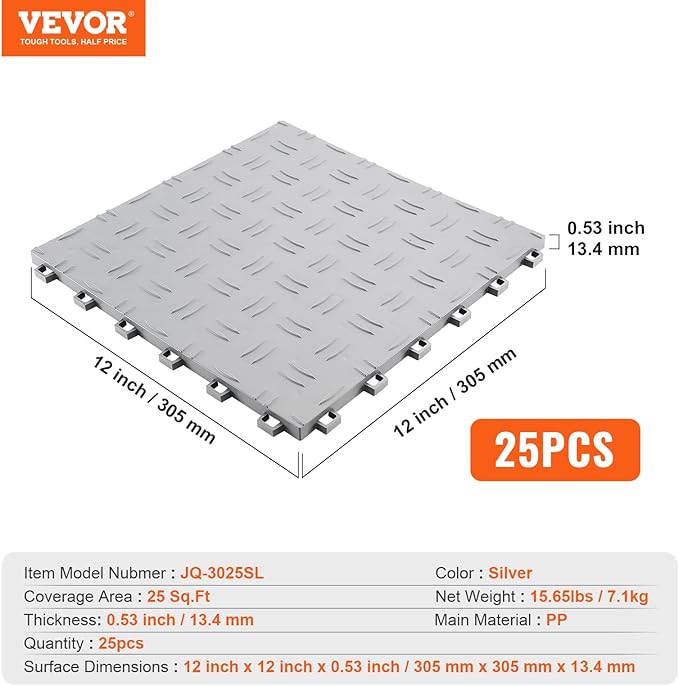 VEVOR Garage Floor Tiles 12 x 12 x 0.53 inch, Interlocking Design Ease of Installation Double-Sided Texture Non-Slip Sturdiness, for Garages, Basements, Repair Shops, Silver, 25 Pack