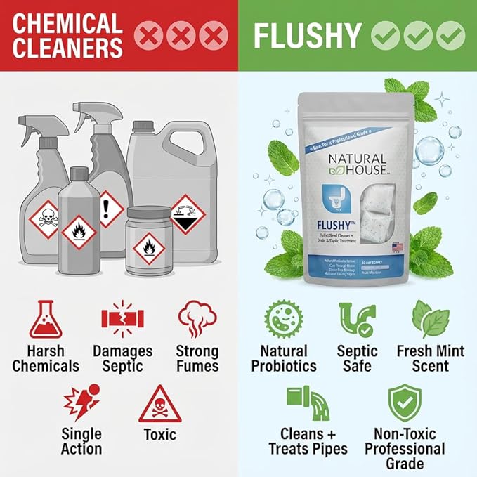 Natural House Flushy - Probiotic Toilet Bowl Cleaner Pods - Septic Safe - Removes Hard Water Stains - Fresh Mint Scent - 120 Pack
