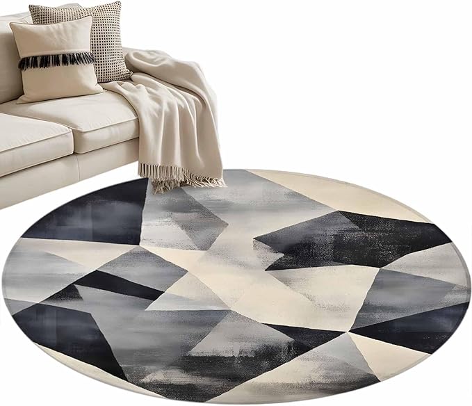 Color Block Round Rug 4 Ft, Modernism Blue Beige Line Abstract Art Circle Area Rugs Washable Non Slip Indoor Floor Mats Carpet for Living Room Bedroom Dining Room Home Decor