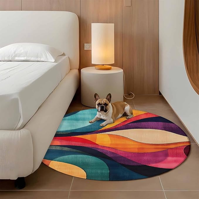 Minimalist Art Round Rug 4 Ft, Abstract Yellow Blue Color Block Line Circle Area Rugs Washable Non Slip Indoor Floor Mats Carpet for Living Room Bedroom Dining Room Home Decor