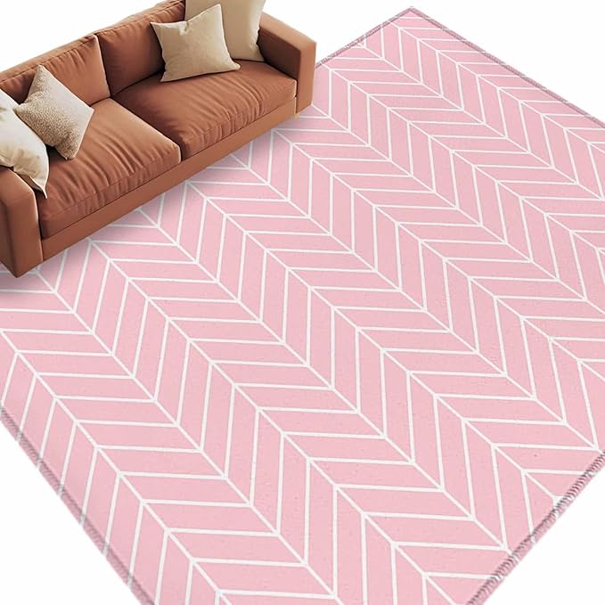 Pink Herringbone Stripes 8'x10' Large Area Rugs, Modern Abstract Geometric Pink Simple Lines Washable Area Rugs Non-Slip Indoor Floor Mats Large Carpet for Living Room Bedroom Dining Room