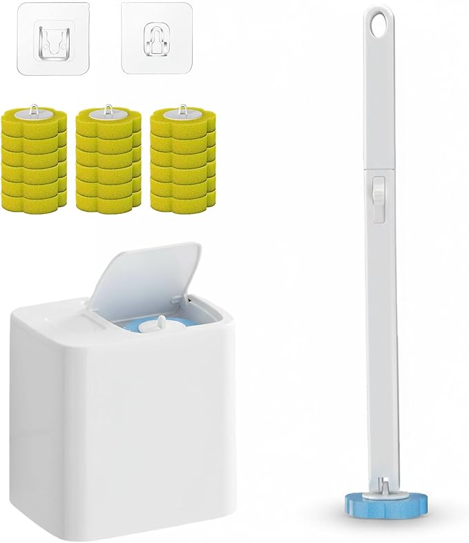 2026 New Disposable Toilet Brush, Disposable Toilet Cleaning System, Ocean/Lemon/Lavender 3 Aromatherapy, Includes Disposable Cleaning Stick, Storage Box and Scented Refill Tabs (White-Lemon*18)
