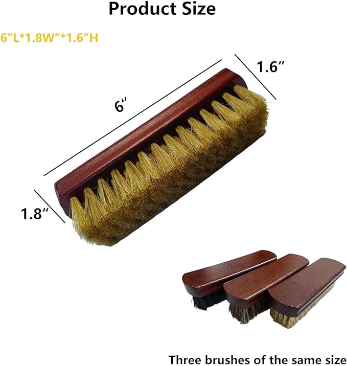Shoe Cleaning Brush Set of 3 Brushes with Horsehair, Boar and Nylon Bristles, 6" Concaved Handle for Premium Grip, Wooden Sneaker Brush for Leather, Boot, Textile, Bags and Accessories