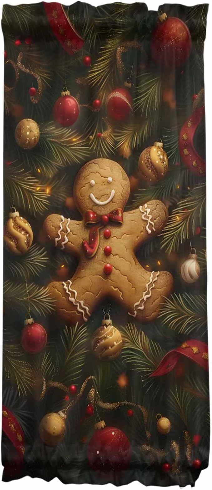 Christmas French Door Curtain Panel for Front Door, Gingerbread Man Pine Branch Xmas Light Balls Slidelight Door Curtains with Tieback Light Filtering Privacy Panels for Doorway Entryway 25"x 40"