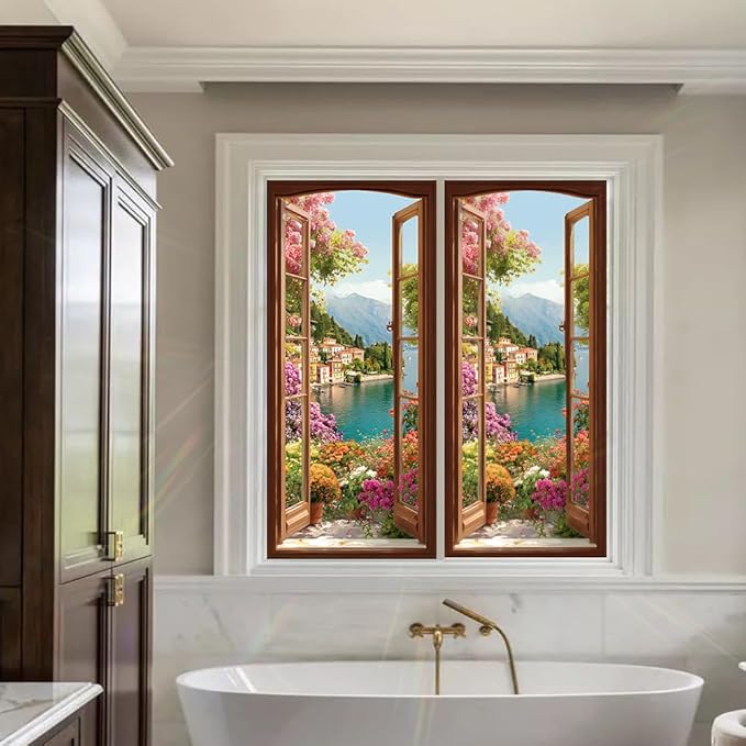 Window Privacy Film 17x39 Inch Scenic Lake View Design Peel and Stick Static Cling Decorative Window Film for Home Office Bedroom Bathroom Glass Door Covering