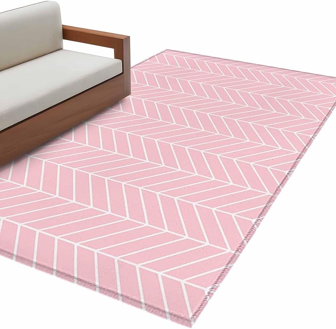 Pink Herringbone Stripes Area Rugs 2.7'x5', Modern Abstract Geometric Pink Simple Lines Washable Area Rugs Non-Slip Indoor Floor Mats Carpet for Living Room Bedroom Dining Room