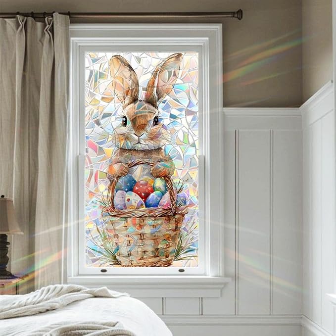 Window Film Mat 39.4 x 17.3 Inch PVC Bunny Easter Basket Window Film Crescent Texture Decorative Glass Covering with Sunlit Glossy Shine for Bathroom Kitchen Living Room Privacy Accent