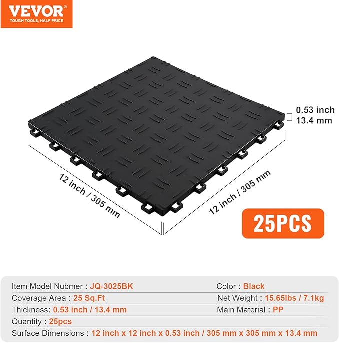 VEVOR Garage Floor Tiles 12 x 12 x 0.53 inch, Interlocking Design Ease of Installation Double-Sided Texture Non-Slip Sturdiness, for Garages, Basements, Repair Shops, Black, 25 Pack