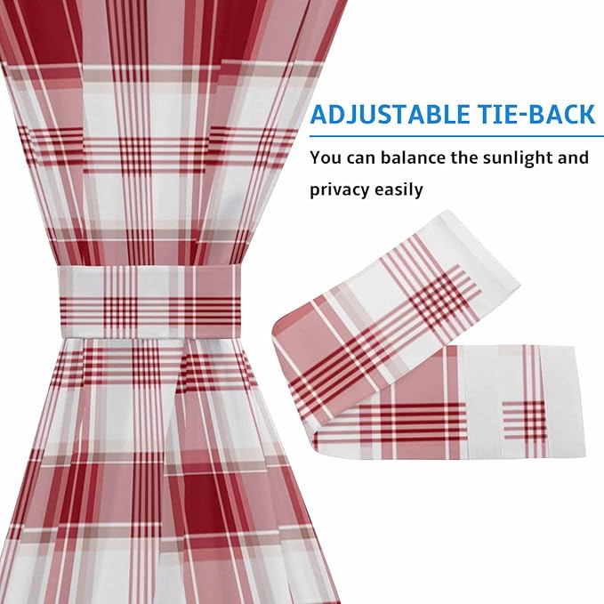 French Door Curtain Panel for Front Door, Red White Ombre Checkered Classical Slidelight Door Curtains with Tieback Light Filtering Privacy Panels for Doorway Entryway 25"x 40"