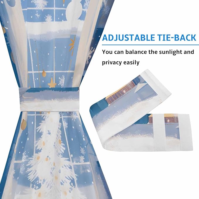 Christmas French Door Curtain Panel for Front Door, White Xmas Tree Blue Indoor Window View Slidelight Door Curtains with Tieback Light Filtering Privacy Panels for Doorway Entryway 25"x 40"