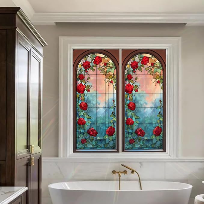 Window Privacy Film 17x39 Inch Stained Glass Rose Design Peel and Stick Static Cling Decorative Window Film for Home Office Living Room Bathroom Door Glass Covering
