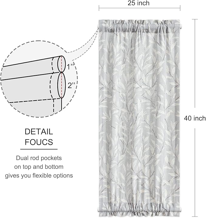 VOGOL Leaves Pattern Door Window Curtains, 1 Panel Linen Textured Patio Door Curtain with Rod Pocket Top and Bottom, 25 x 40 Inches View Reducing Short Drape