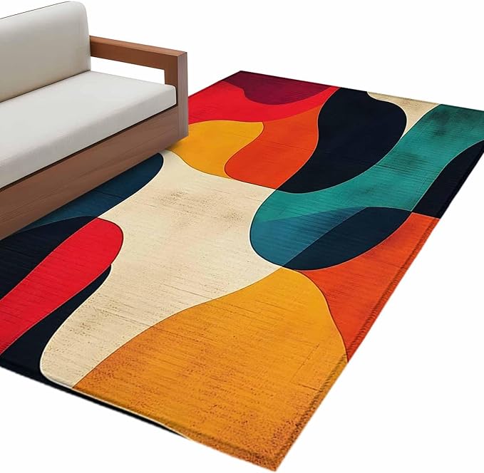 Abstract Art Area Rugs 2.7'x5', Impressionist Red Blue Color Block Washable Area Rugs Non-Slip Indoor Floor Mats Carpet for Living Room Bedroom Dining Room