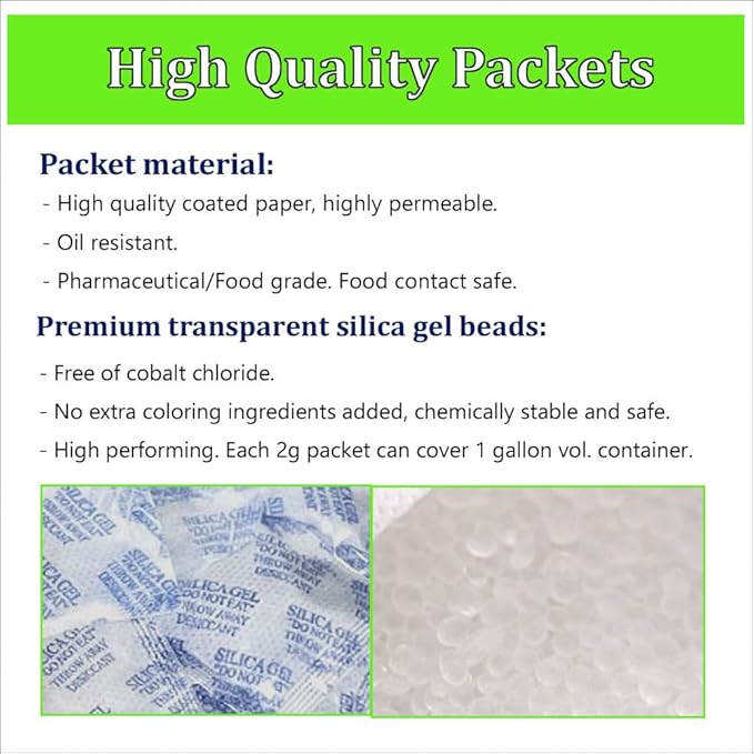 Silica Gel Packs 100 Packets 2 Gram Desiccant Moisture Absorber Oil Resistant for Food Storage Safes
