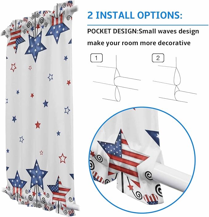 French Door Curtain Panel for Front Door, 4th of July Red Blue Stars American Flag Theme Slidelight Door Curtains with Tieback Light Filtering Privacy Panels for Doorway Entryway 25"x 40"