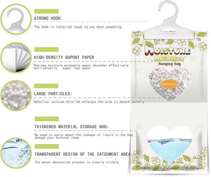 ZSPENG 16 Pack Moisture Absorber Hanging Bags,220g/Pack Fagrance Free Moisture Bag,Hanging Closet Dehumidifier Bags for Basement Closet Storeroom