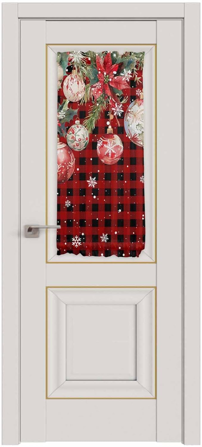 Christmas French Door Curtain for Front Door, Xmas Poinsettia Plants Various Balls Snow Black Red Plaid Slidelight Door Curtains with Tieback Light Filtering Privacy Panel for Entryway 25"x 40"