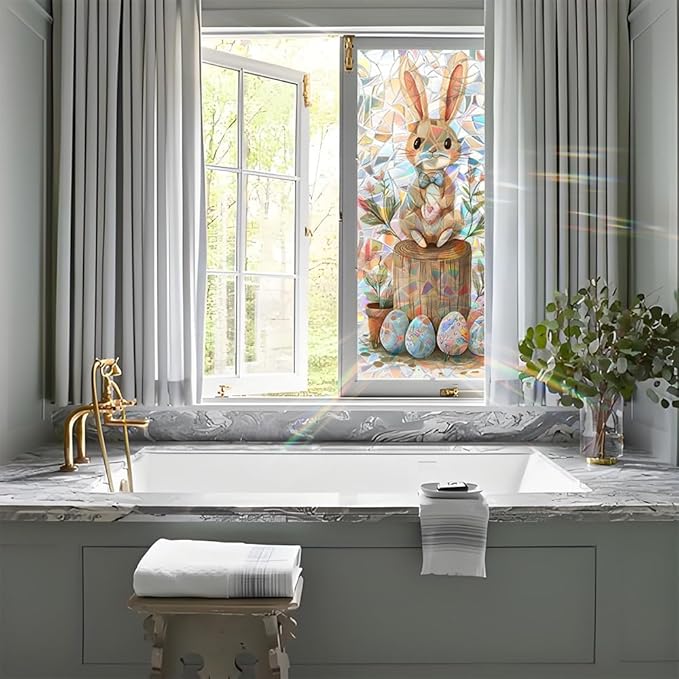 Window Film 17.3 x 39.4 Inch Easter Bunny and Painted Egg Design PVC Decorative Privacy Window Covering for Seasonal Home Styling Spring Glass Surface Decor