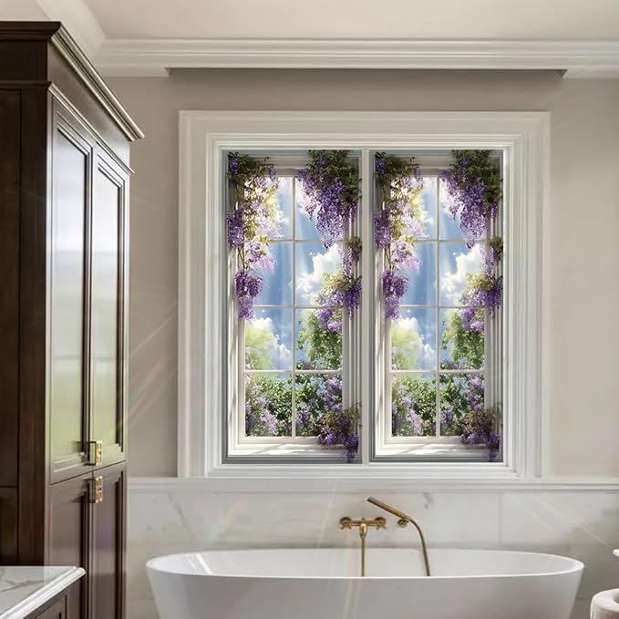 Window Privacy Film 17x39 Inch Wisteria Flower Design Peel and Stick Static Cling Decorative Window Film for Living Room Bedroom Bathroom Glass Door Covering