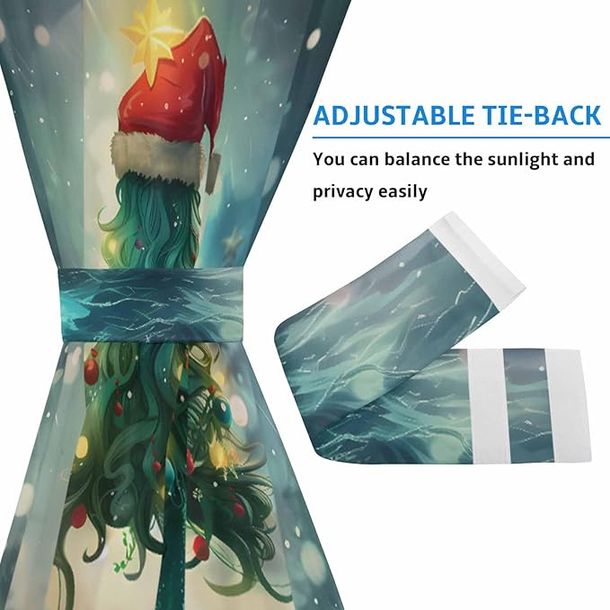 Christmas French Door Curtain Panel for Front Door, Sea Marine Life Christmas Tree Hair Slidelight Door Curtains with Tieback Light Filtering Privacy Panels for Doorway Entryway 25"x 40"