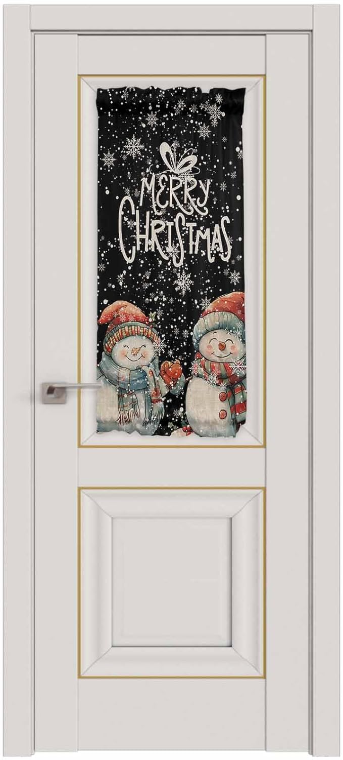 Christmas French Door Curtain Panel for Front Door, Vintage Black Winter Christmas Smiling Snowmen Slidelight Door Curtains with Tieback Light Filtering Privacy Panels for Doorway Entryway 25"x 40"