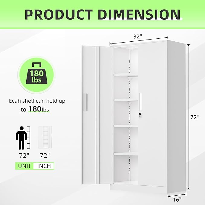 Bonusall 72" Metal Garage Storage Cabinet, 2 Locking Doors & 4 Adjustable Shelves Tall Storage, Heavy Duty Steel Tool Cabinet for Home, Office, Warehouse, School - White