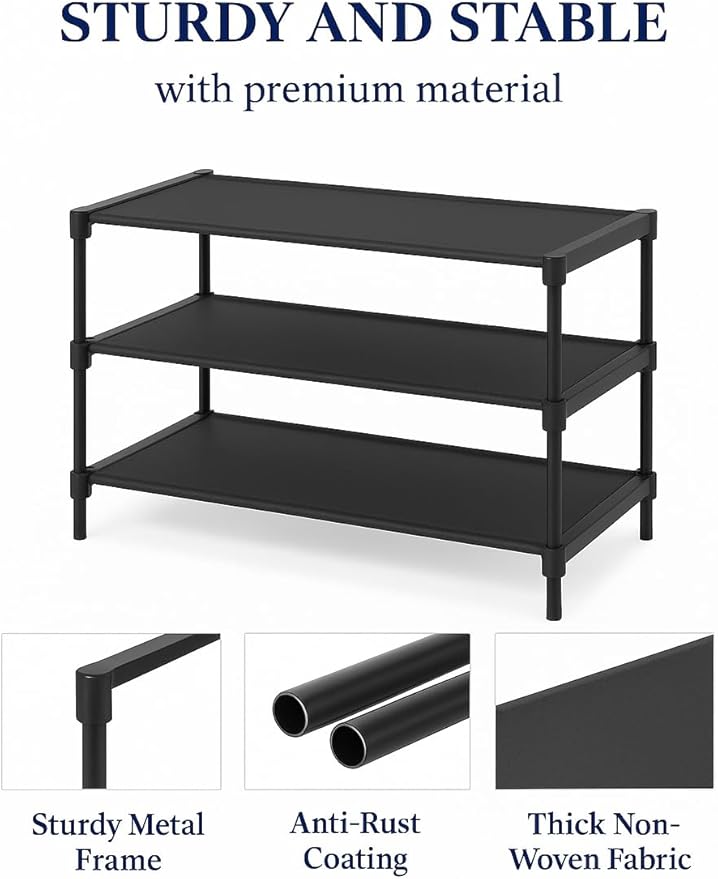 Shoe Shelf – 3 Tier Shoe Rack Stackable with Shoe Brush & Ergonomic Shoe Horn, Space-Saving Shoe Organizer for Entryway, Hallway, Closet & Wardrobe – Complete Shoe Care Set (Black)