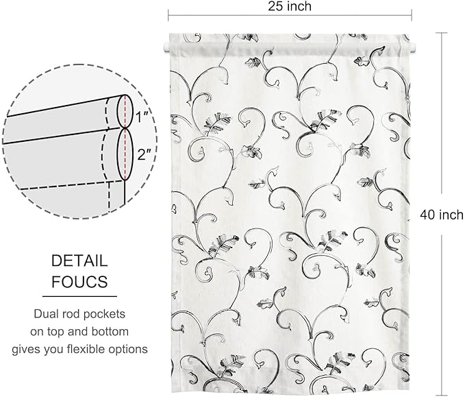 VOGOL French Door Curtains, Vines Embroidery Privacy Window Panels for Farmhouse Glass Door, 1 Panel 25 x 40 Inches Sidelight Doorway Curtain, Grey on Beige