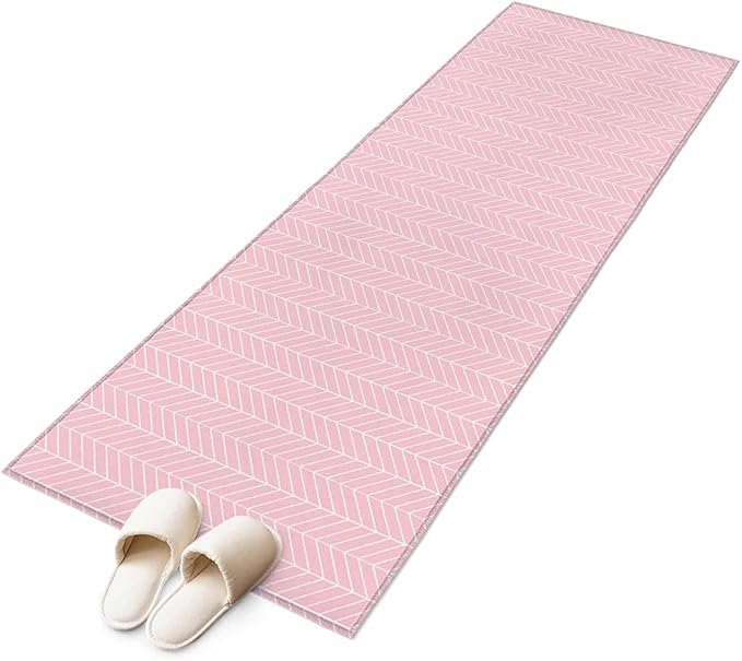 Pink Herringbone Stripes Runner Rug 2'x6', Modern Abstract Geometric Pink Simple Lines Hallway Runner Rugs Washable Non-Slip Bedside Floor Mats Carpet for Kitchen Bedroom Laundry Room Bathroom