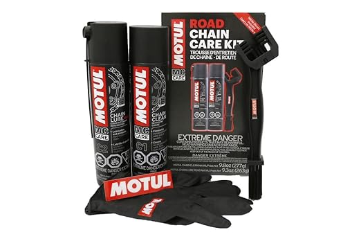Motul C1 Chain Cleaner and C2 Motorcycle Chain Lube Kit with Brush, Gloves, and Sticker, Complete Road Motorcycle Maintenance Kit for Street Bikes and Karts