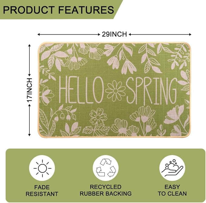 Hello Spring Door Mat Welcome Doormat, Plants Outdoor Rug Leaves Decor Floor Front Door Mat Non-Slip Entrance Mat for Home Kitchen Bathroom Decorations 17 X 29 Inch (Green)