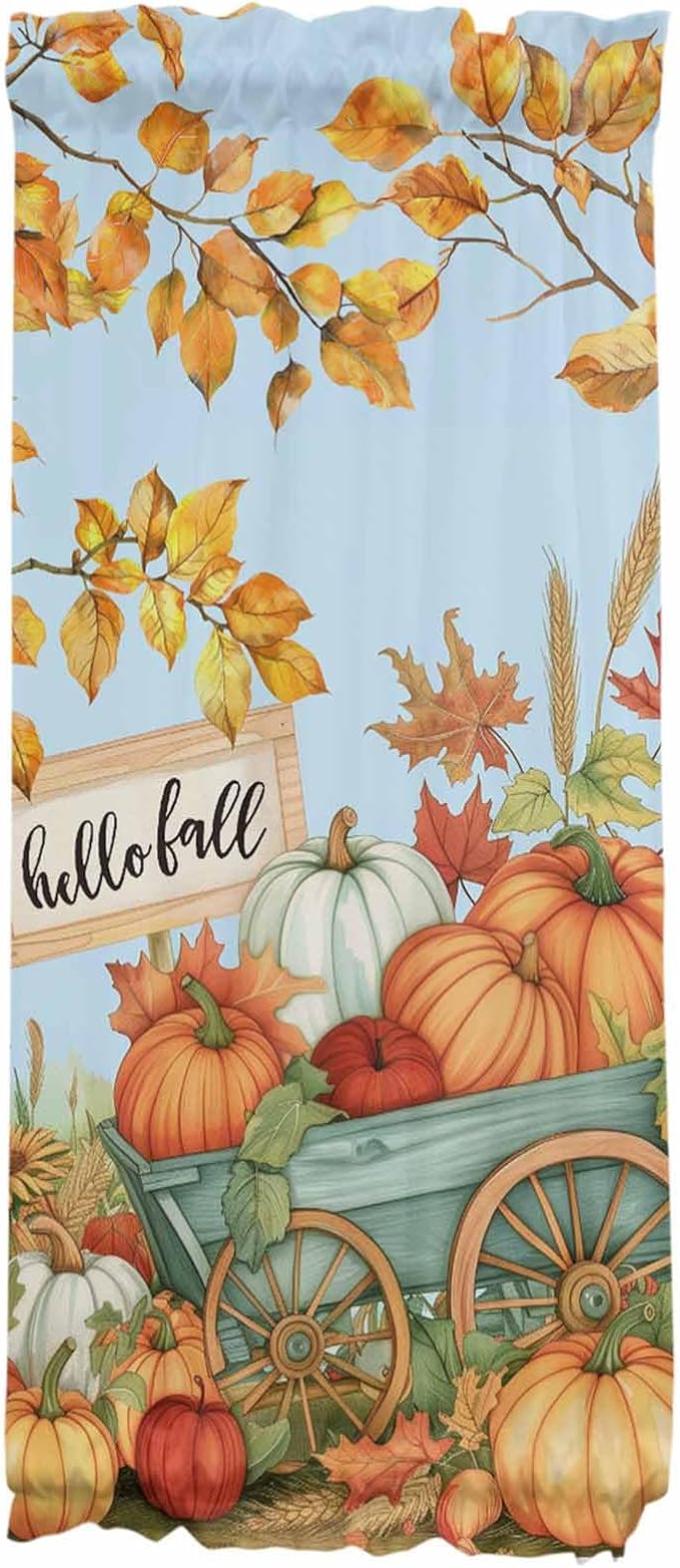 French Door Curtain Panel for Front Door, Countryside Pumpkins Fall Leaves Harvest Slidelight Door Curtains with Tieback Light Filtering Privacy Panels for Doorway Entryway 25"x 40"