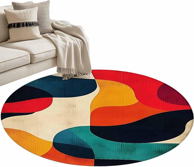 Abstract Art Round Rug 4 Ft, Impressionist Red Blue Color Block Circle Area Rugs Washable Non Slip Indoor Floor Mats Carpet for Living Room Bedroom Dining Room Home Decor