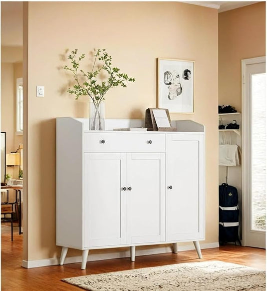 DIYART White Large Shoe Cabinet fit up to Shoe Size 16, Shoe Storage Cabinet with 3 Doors and 1 Drawer, Wooden Shoe Organizer for entryway