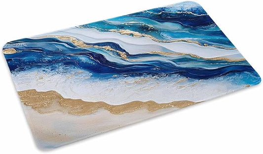 Abstract Spray Doormat Gold White Blue Ocean Oil Painting Style Non Slip Low Profile Rubber Door Mat Washable Absorbent Indoor Front Door Mat Entryway Rug Entrance Carpet 18x30 Inch