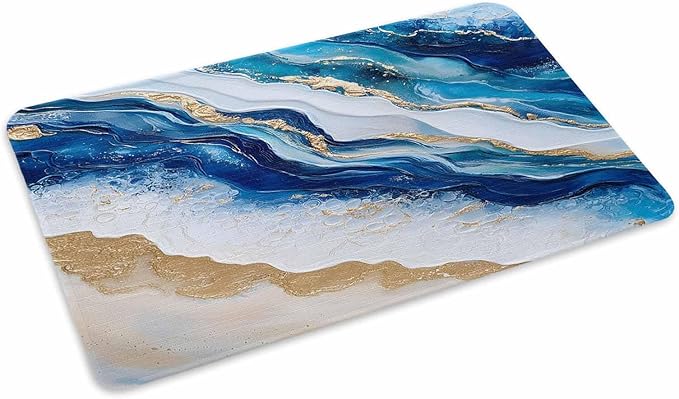 Abstract Spray Doormat Gold White Blue Ocean Oil Painting Style Non Slip Low Profile Rubber Door Mat Washable Absorbent Indoor Front Door Mat Entryway Rug Entrance Carpet 24x36 Inch