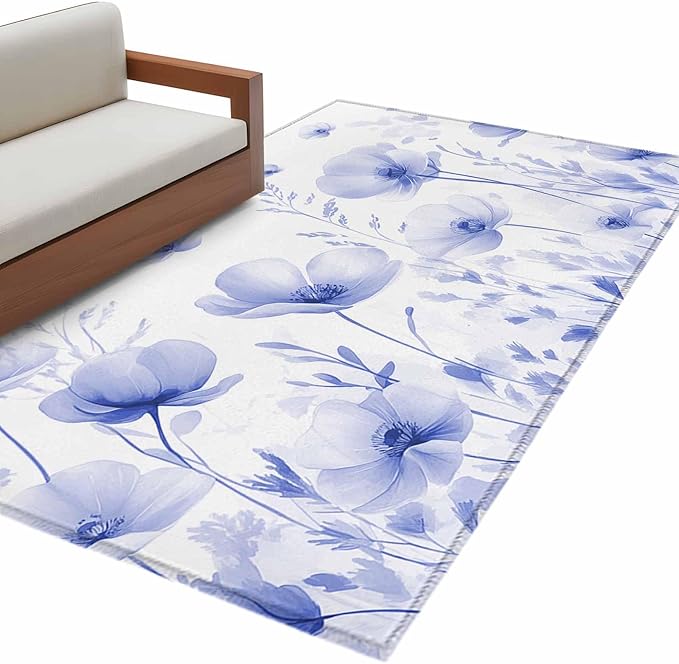 Flower 3'x5' Area Rugs, Blue Washable Area Rugs Non-Slip Indoor Floor Mats Carpet for Living Room Bedroom Dining Room