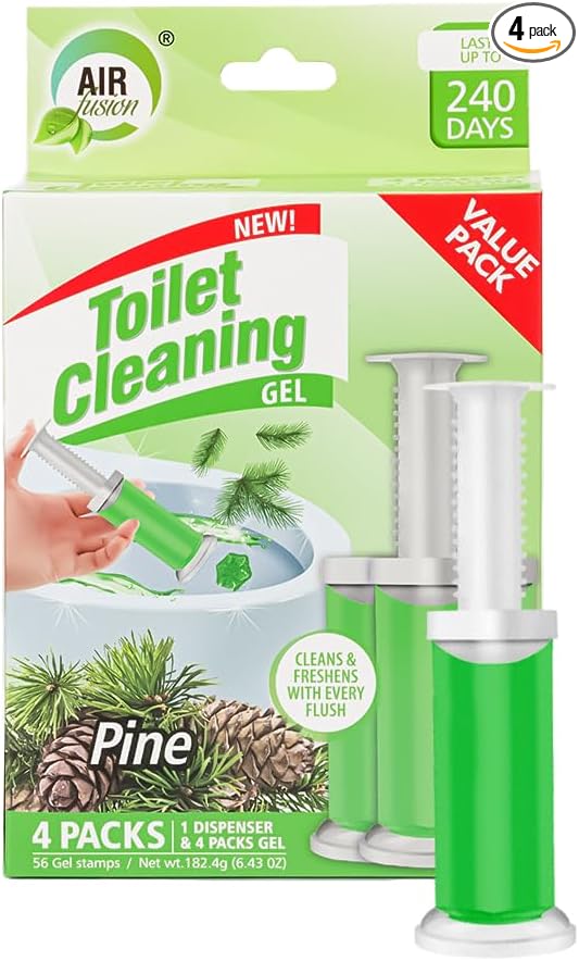 Toilet Cleaning Gel Pine Scent. Pack of 4 (6.43oz) with 56 Gel Stamps for Continuous Toilet Cleaning, Deodorizing & Fruity Freshness.