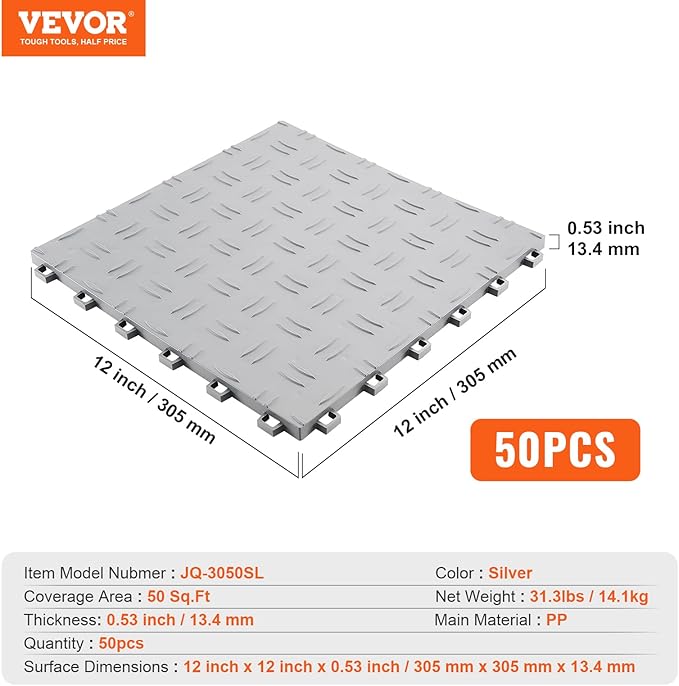 VEVOR Garage Floor Tiles 12 x 12 x 0.53 inch, Interlocking Design Ease of Installation Double-Sided Texture Non-Slip Sturdiness, for Garages, Basements, Repair Shops, Silver, 50 Pack