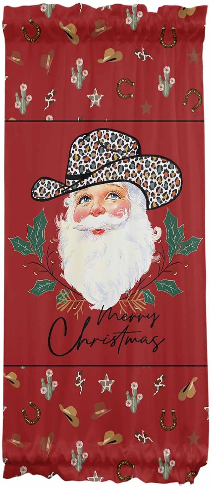 Christmas French Door Curtain Panel for Front Door, Red Leopard Cow Cowboy Hat Santa Claus Slidelight Door Curtains with Tieback Light Filtering Privacy Panels for Doorway Entryway 25"x 40"