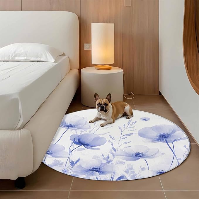 Flower Round Rug 5 Ft, Blue Circle Area Rugs Washable Non Slip Indoor Floor Mats Carpet for Living Room Bedroom Dining Room Home Decor
