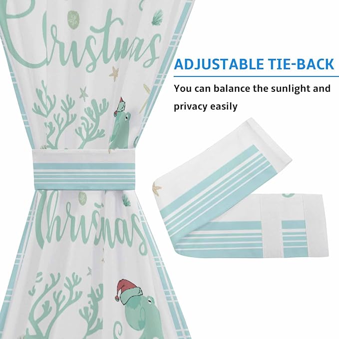 Christmas French Door Curtain Panel for Front Door, Light Blue Starfish Marine Life Merry Christmas Slidelight Door Curtains with Tieback Light Filtering Privacy Panels for Doorway Entryway 25"x 40"