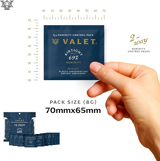 Valet 69% Two-Way Humidity Packs for Travel Containers, 10-Pack, 8g Each, Prevents Leaks and Controls Moisture with Natural Craft Paper Design, Resealable Bag