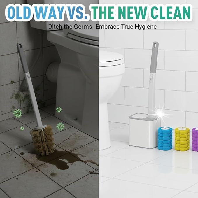 Disposable Toilet Cleaning System: Toilet Brush & Holder Kit with 18PCS Pre-Soaked Cleaner Wall-Mount Scrubbing Toilet Brush Bathroom Cleaning Kit (White)