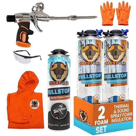 BEEST FullStop Spray Foam Insulation Kit for Walls and Attic - 40 Board ft/sq.ft. Perfect Heat & Acoustic Insulation for Reduced Energy Bills - 2X Spray Foam Can, 1x Cleaner, 1x Pro Gun & Safety Gear