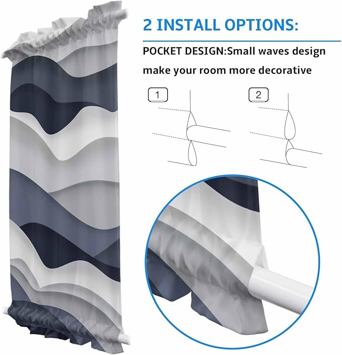 French Door Curtain Panel for Front Door, Cyan Ocean Waves Ombre Slidelight Door Curtains with Tieback Light Filtering Privacy Panels for Doorway Entryway 25"x 40"
